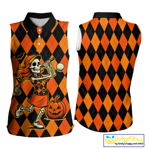 Funny Women sleeveless polo shirt custom orange black argyle plaid Halloween Skull ladies golf attire NQS10355
