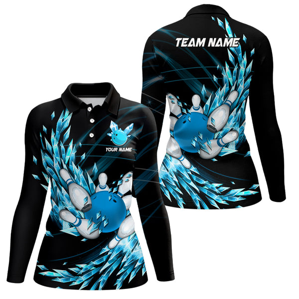 Womens bowling polo shirts Custom blue icy fragments Bowling ball pins Team league bowler Jersey NQS7124