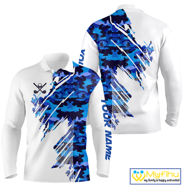 Personalized Mens golf polo shirts custom white and blue camo mens golf apparel, golfing gifts NQS10073