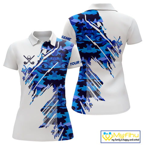 Personalized Women golf polo shirts custom white and blue camo ladies golf apparel, golfing gifts NQS10073