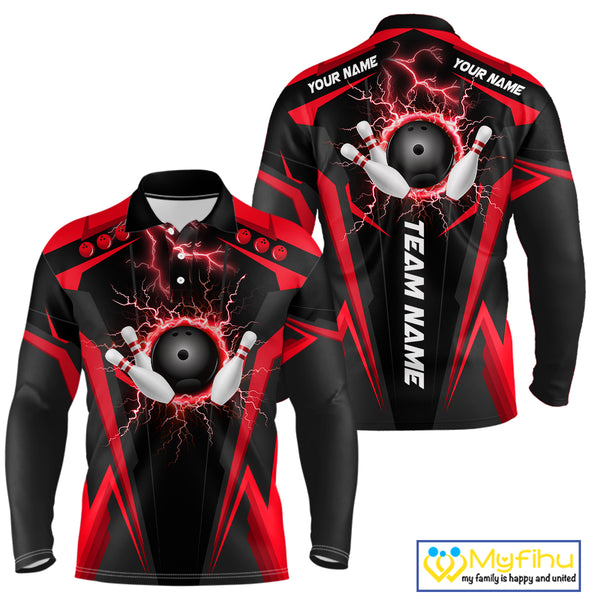Black Mens bowling Polo, Quarter Zip shirt Custom lightning thunder team league bowling jerseys | Red NQS10373