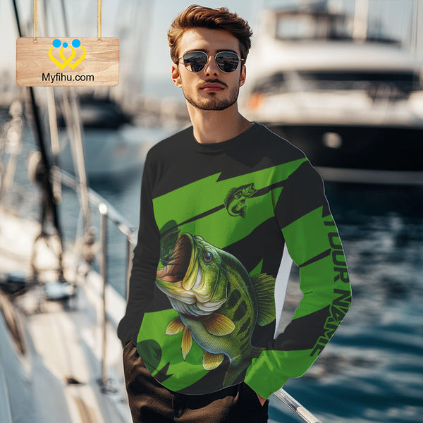 Black and Green Largemouth Bass fishing UV Protection shirts custom name Bass fishing jerseys NQS10394