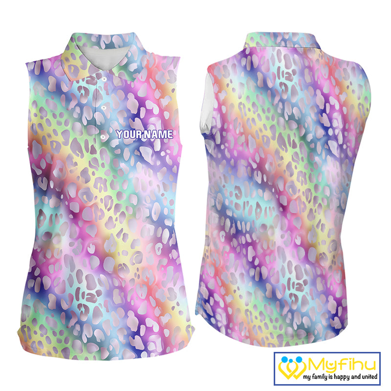 Colorful Neon Rainbow leopard pattern Women Sleeveless Polo Shirt Custom ladies golf outfit NQS10244