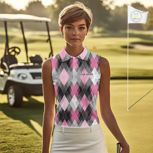 Pink argyle pattern Women Sleeveless polo shirt custom best team golf shirts, golfing gifts NQS10407