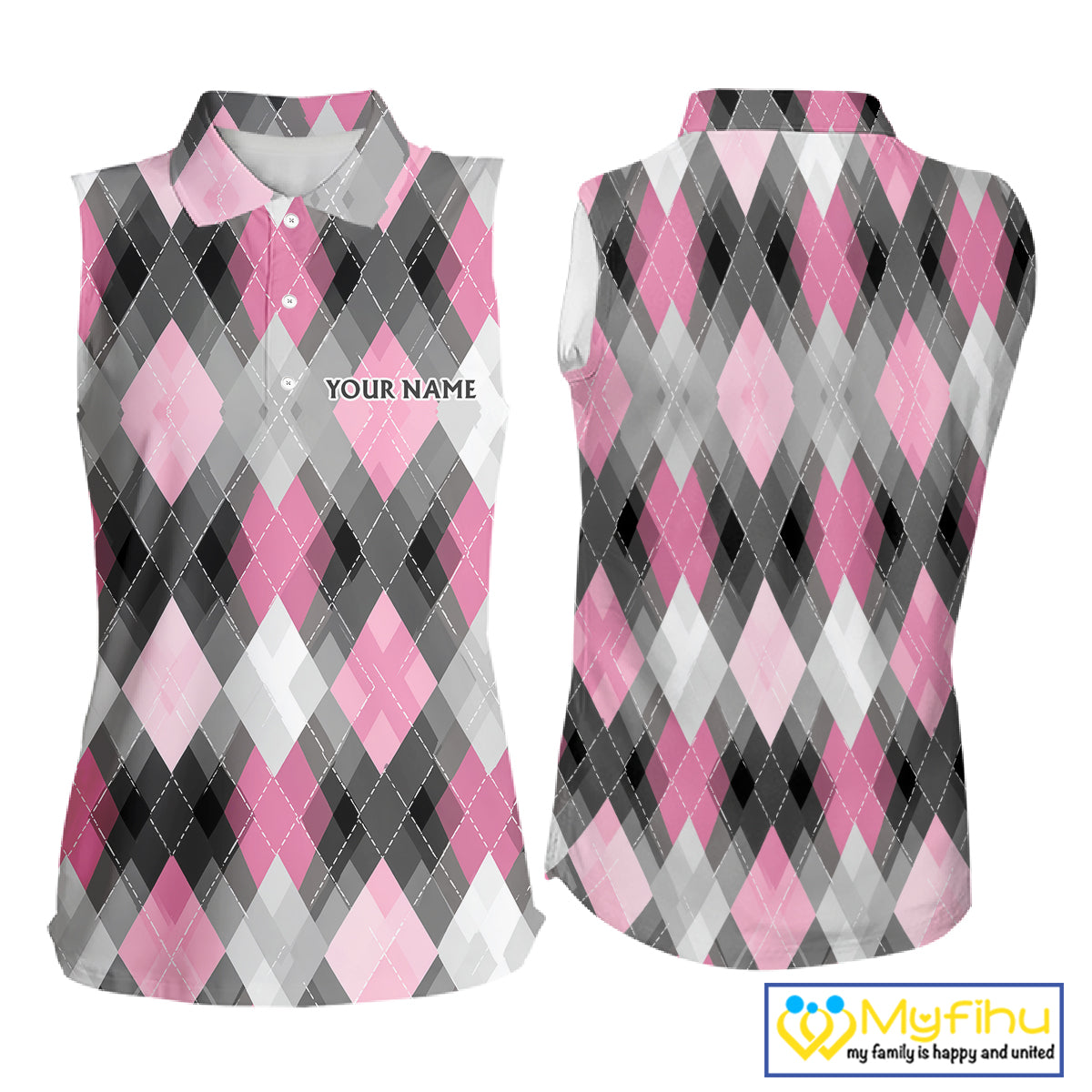 Pink argyle pattern Women Sleeveless polo shirt custom best team golf shirts, golfing gifts NQS10407