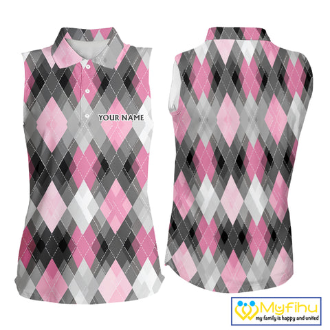 Pink argyle pattern Women Sleeveless polo shirt custom best team golf shirts, golfing gifts NQS10407