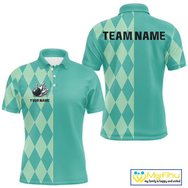 Turquoise argyle pattern Bowling Polo, Quarter Zip Shirt For Men Custom Team Bowling Jerseys NQS10107