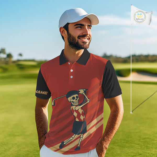 Funny argyle pattern Skull Golf Polo Shirts for men Custom mens golf attire, cool golf gifts | Red NQS10251