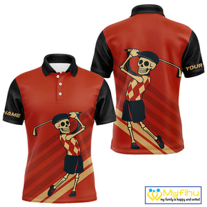 Funny argyle pattern Skull Golf Polo Shirts for men Custom mens golf attire, cool golf gifts | Red NQS10251
