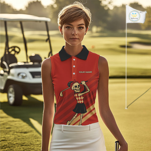 Funny argyle pattern Skull Women Sleeveless Polo Shirt Custom ladies golf attire, cool golf gift| Red NQS10251
