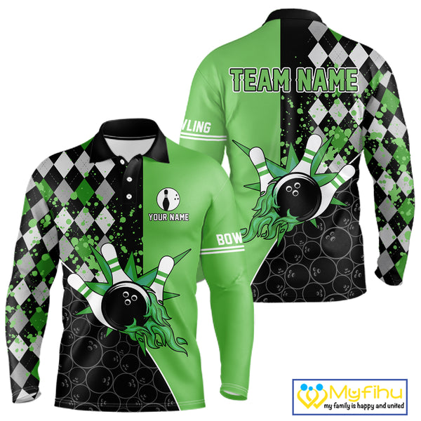 Custom Black and Green argyle pattern flame Bowling Team Jerseys, Bowling Polo, 1/4 Zip Shirt for Men NQS10450