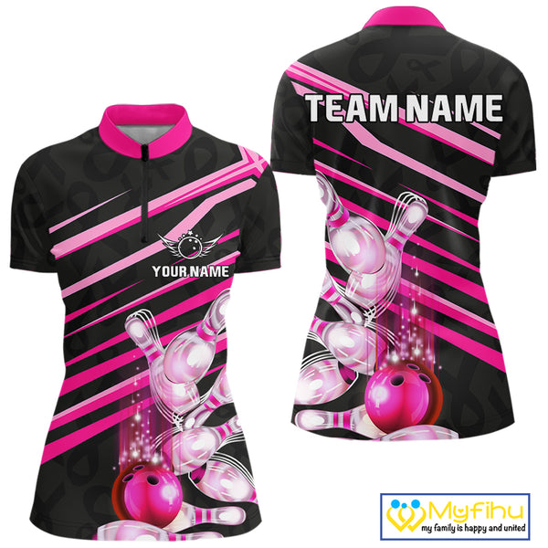 Pink and Black ribbon pattern Women Bowling Shirts Custom breast cancer awareness Team Bowling Jersey NQS10116