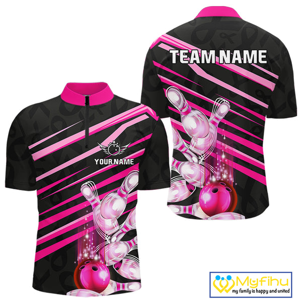 Pink and Black ribbon pattern Men Bowling Shirts Custom breast cancer awareness Team Bowling Jersey NQS10116