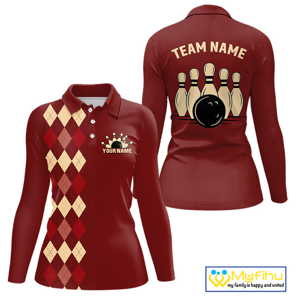 Red argyle pattern Women Bowling polo, 1/4 zip shirt custom vintage bowling shirt, gift for bowlers NQS10255
