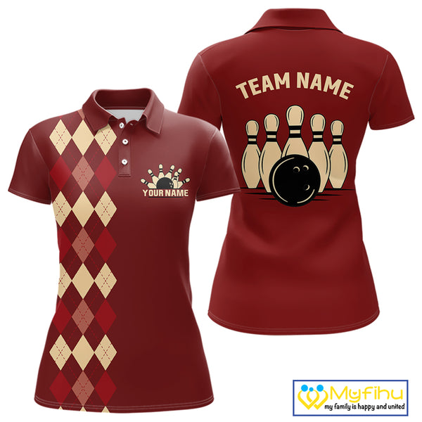 Red argyle pattern Women Bowling polo, 1/4 zip shirt custom vintage bowling shirt, gift for bowlers NQS10255
