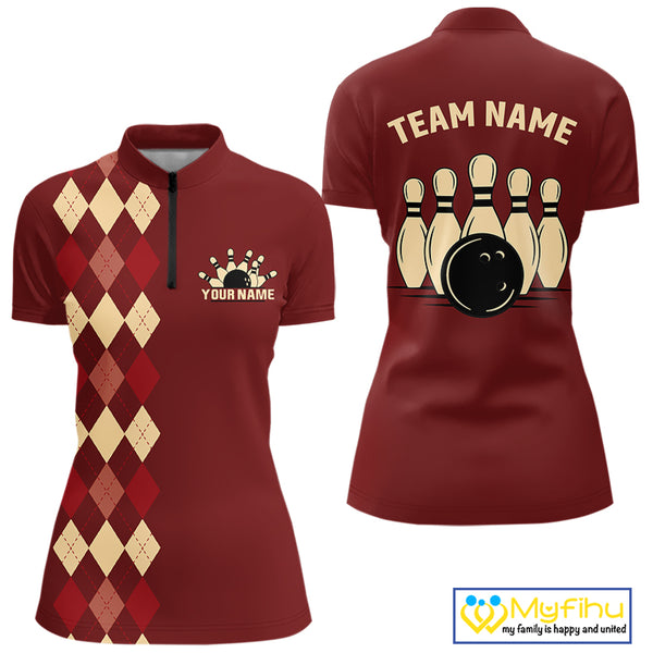 Red argyle pattern Women Bowling polo, 1/4 zip shirt custom vintage bowling shirt, gift for bowlers NQS10255