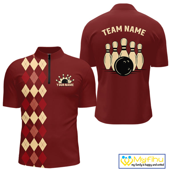 Red argyle pattern Bowling polo, 1/4 zip shirt for Men custom vintage bowling shirt, gift for bowlers NQS10255