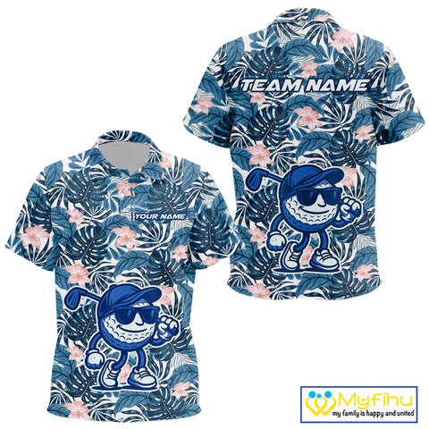 Blue tropical leaf pattern pink flower funny Golf polo shirts for Kid Custom Kid golf outfits NQS10119