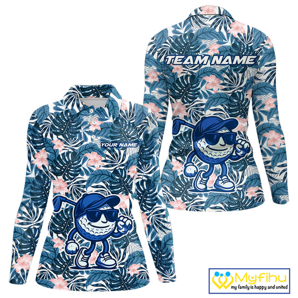 Blue tropical leaf pattern pink flower funny Golf polo shirts for Women Custom ladies golf outfits NQS10119