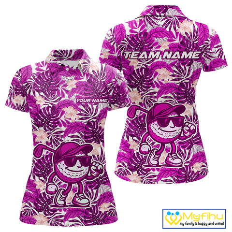 Pink tropical flower leaf pattern funny Golf polo shirts for Women Custom ladies golf outfits NQS10120