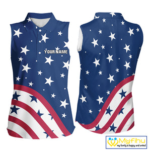 Red, White & Blue stars pattern Women sleeveless polos Custom American Flag patriotic ladies golf top NQS10138