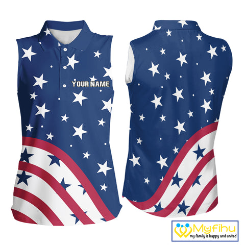 Red, White & Blue stars pattern Women sleeveless polos Custom American Flag patriotic ladies golf top NQS10138