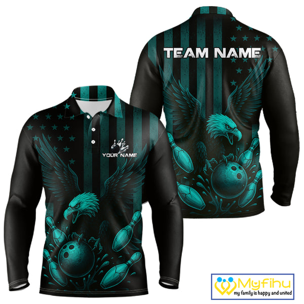 Black and Cyan Blue American Flag Eagle Bowling Shirt For Mens Custom Patriotic Team bowling jerseys NQS10478
