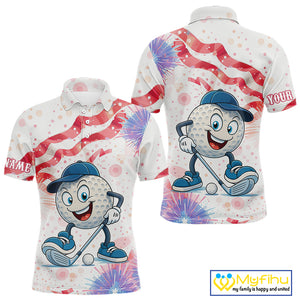 Funny Golf Ball Watercolor red, white and blue Mens golf polo shirts custom patriotic fun golf shirts NQS10293