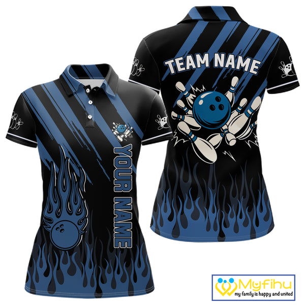 Black & Blue Flame Retro Bowling Polo, Quarter Zip Shirt for Women Custom Vintage Team Bowling Jersey NQS10504