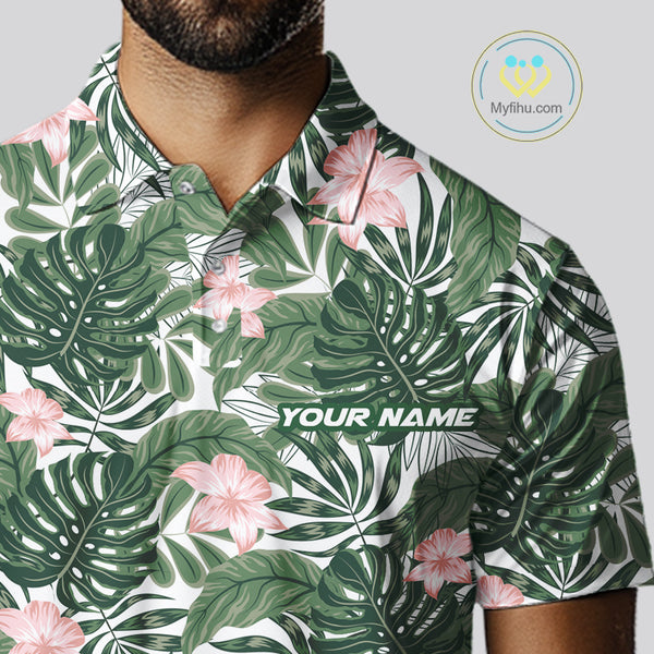 Green tropical leaf pattern pink flower funny Golf polo shirts For Men Custom mens golf outfits NQS10023