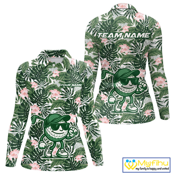 Green tropical leaf pattern pink flower funny Golf polo shirts for Women Custom ladies golf outfits NQS10023