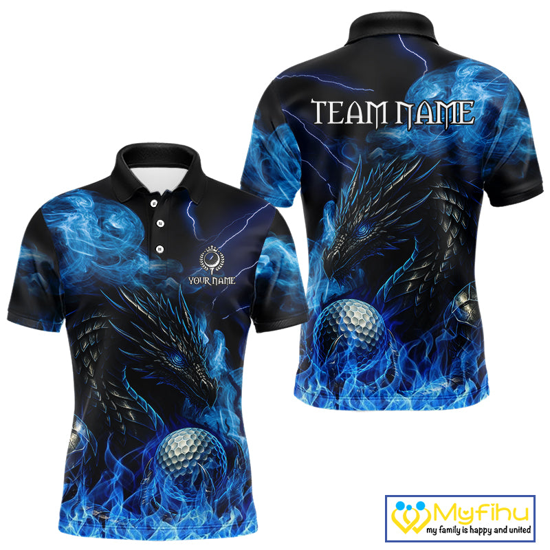 Blue Flame Dragon Golf polo shirts For Men Custom Dragon team mens golf outfits, gift for golf lover NQS10024