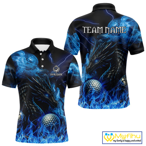 Blue Flame Dragon Golf polo shirts For Men Custom Dragon team mens golf outfits, gift for golf lover NQS10024