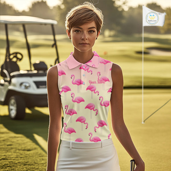 Personalized pink gradient Flamingo pattern Women sleeveless polo shirt Custom golf team theme outfit NQS10324