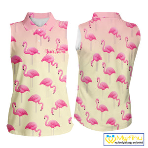 Personalized pink gradient Flamingo pattern Women sleeveless polo shirt Custom golf team theme outfit NQS10324