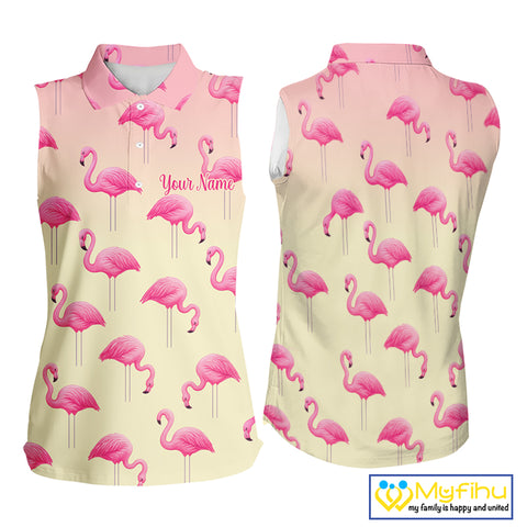 Personalized pink gradient Flamingo pattern Women sleeveless polo shirt Custom golf team theme outfit NQS10324