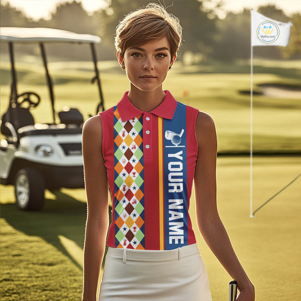 Retro colorful argyle pattern Women sleeveless polo shirt custom Team Golf Outfits for ladies | Red NQS10327