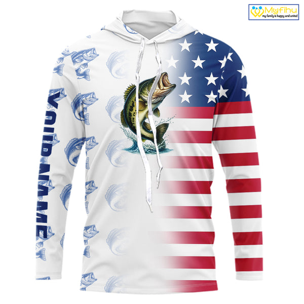 Red, White and Blue American Flag Bass Fishing custom patriotic Bass performance Fishing Shirts NQS10034