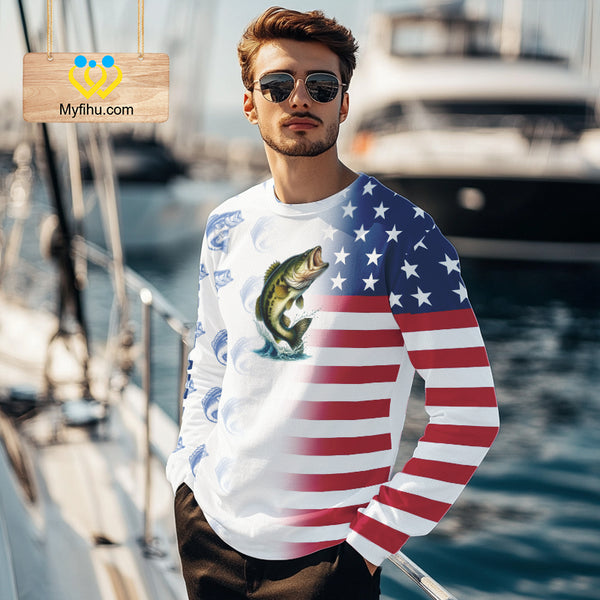 Red, White and Blue American Flag Bass Fishing custom patriotic Bass performance Fishing Shirts NQS10034