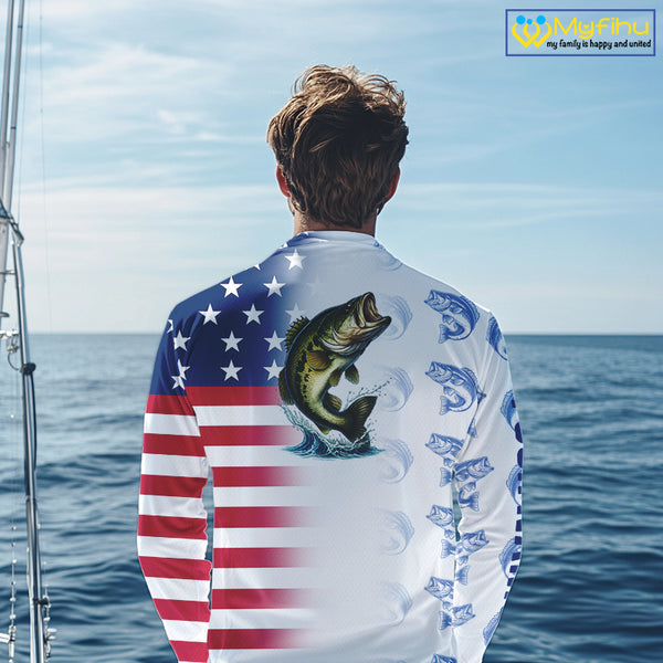 Red, White and Blue American Flag Bass Fishing custom patriotic Bass performance Fishing Shirts NQS10034