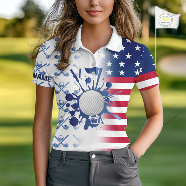 Red, White and Blue American Flag Women Golf polo shirts Custom patriotic Golf Outfit For Ladies NQS10035