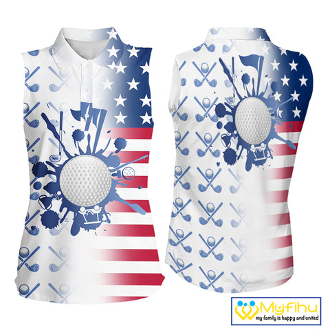 Red, White & Blue American Flag Women Sleeveless Golf polo shirts, patriotic Ladies Golf Outfit NQS10035