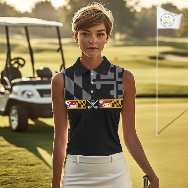 Maryland Flag black Women sleeveless golf polo shirt Custom Patriotic Golf top, gifts for golf lovers NQS10195