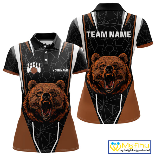 Personalized Bear Bowling Polo, Quarter Zip Shirts For Women, Bear Bowling Team Brown League Jersey NQS10344