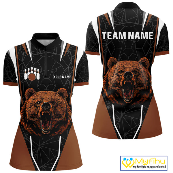 Personalized Bear Bowling Polo, Quarter Zip Shirts For Women, Bear Bowling Team Brown League Jersey NQS10344