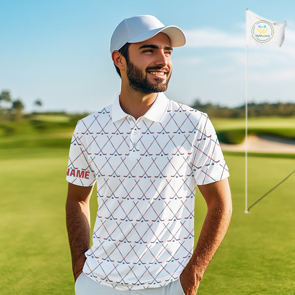 Red, White and Blue golf clubs pattern Men golf polo shirt Custom Patriotic golf outfits for men NQS10198