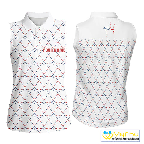 Red, White & Blue golf clubs pattern Women sleeveless polo shirt Custom Patriotic ladies golf outfit NQS10198