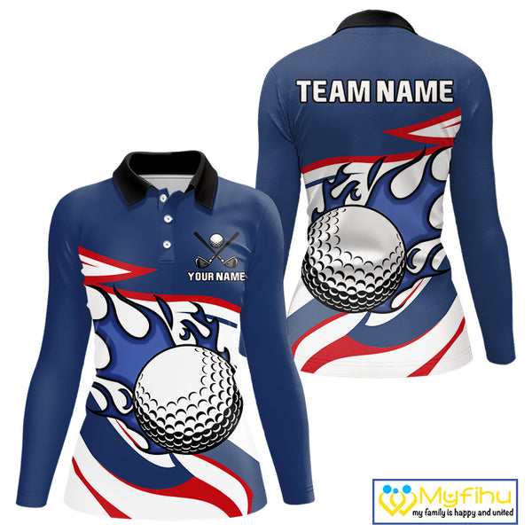 Red, White and Blue Flame golf ball Women Golf polo shirts Custom patriotic Golf Outfit For Ladies NQS10044