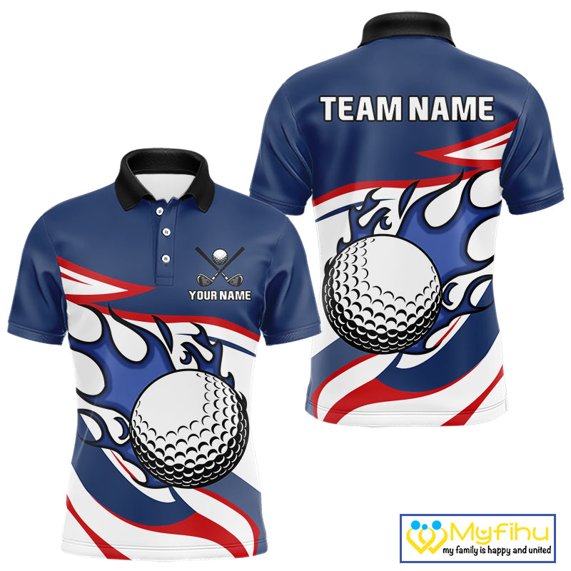 Red, White and Blue Flame golf ball Mens Golf polo shirts Custom patriotic Golf Outfit For Mens NQS10044