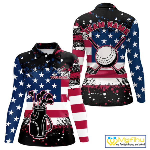 American Flag Black golf polo shirts for Women custom patriotic retro golf team shirts, golfer gifts NQS10211